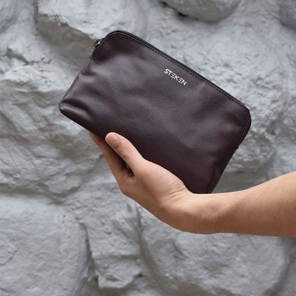 Noora Stylish Maroon Leather Unisex Travel Pouch With One main compartment & One zip pocket - Noora International