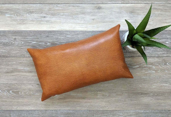 Noora Tan Brown Leather Lumbar Pillow Cover Decorative Throw Pillow Case Farmhouse Rectangular Sofa Couch Cushion Covers Modern Lumber Cover - Noora International