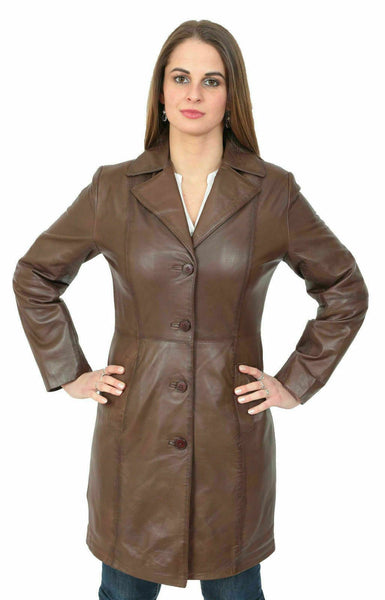 NOORA TRENCH women BROWN Mid-Length Designer Real Napa Leather Jacket Coat WA230 - Noora International