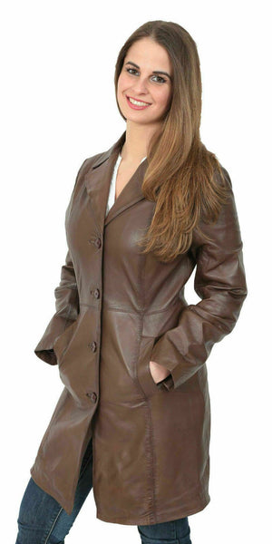 NOORA TRENCH women BROWN Mid-Length Designer Real Napa Leather Jacket Coat WA230 - Noora International