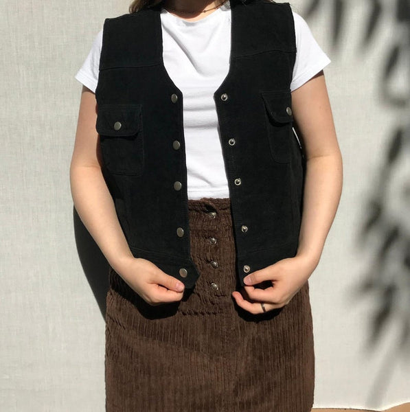 NOORA Vest coat , Women Sleeveless Coat Vintage 90's BLACK suede vest // 100% SUEDE Waistcoat ,motorcycle vest With Button And Pocket SB364 - Noora International