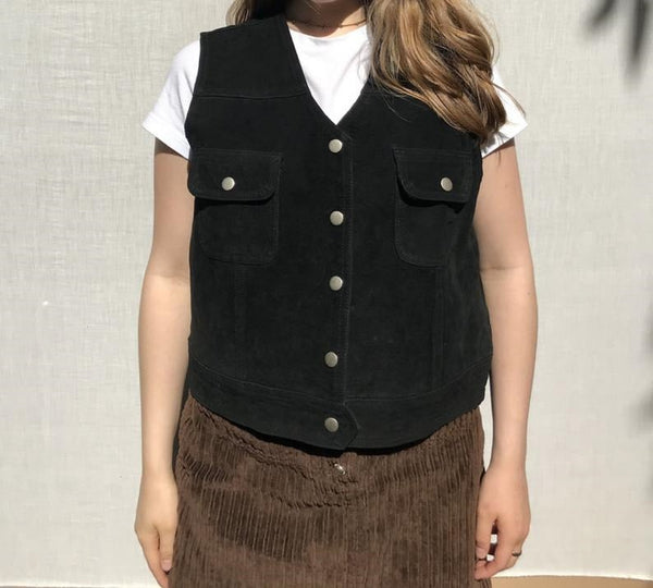NOORA Vest coat , Women Sleeveless Coat Vintage 90's BLACK suede vest // 100% SUEDE Waistcoat ,motorcycle vest With Button And Pocket SB364 - Noora International