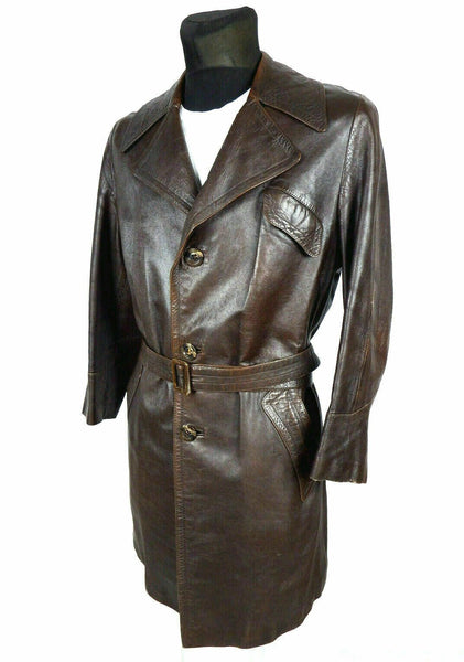 Noora Vintage Leather Trench Coat Overcoat Belted Single Breasted Men Brown SP85 - Noora International