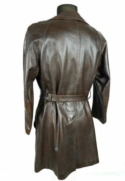 Noora Vintage Leather Trench Coat Overcoat Belted Single Breasted Men Brown SP85 - Noora International