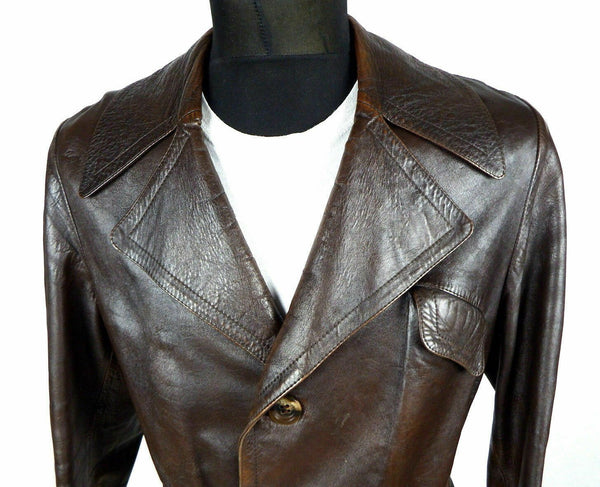 Noora Vintage Leather Trench Coat Overcoat Belted Single Breasted Men Brown SP85 - Noora International