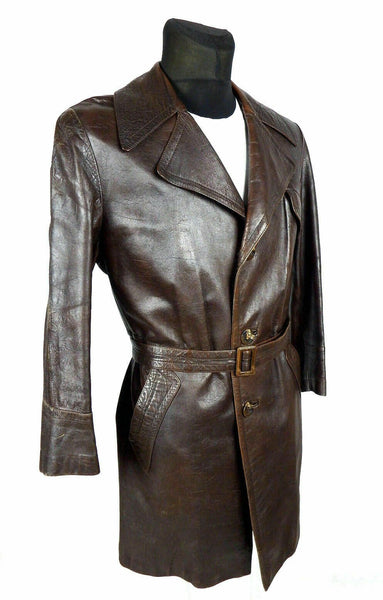Noora Vintage Leather Trench Coat Overcoat Belted Single Breasted Men Brown SP85 - Noora International