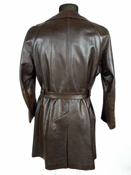 Noora Vintage Leather Trench Coat Overcoat Belted Single Breasted Men Brown SP85 - Noora International