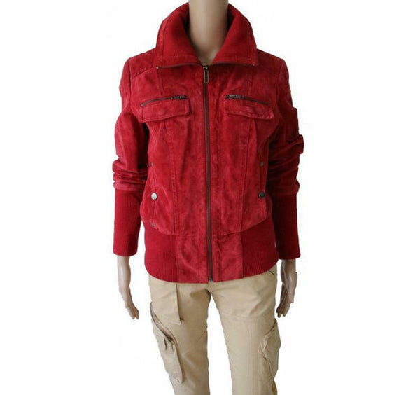 Noora Vintage Red Raspberry Suede Bomber Jacket Women Leather Hipster Jacket JF2 - Noora International