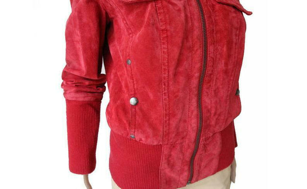 Noora Vintage Red Raspberry Suede Bomber Jacket Women Leather Hipster Jacket JF2 - Noora International