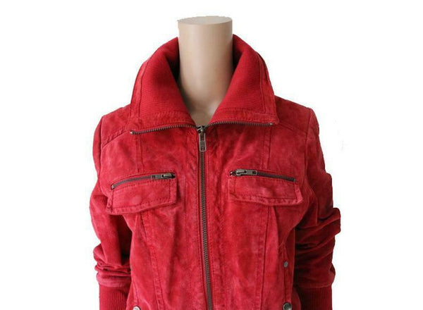 Noora Vintage Red Raspberry Suede Bomber Jacket Women Leather Hipster Jacket JF2 - Noora International