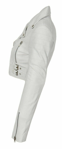 NOORA White Leather Womens Biker Jacket Short Cropped Fitted Sexy Bolero - WA499 - Noora International