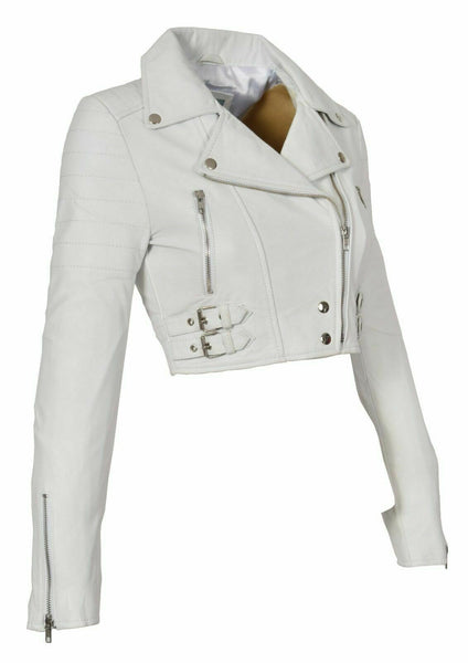 NOORA White Leather Womens Biker Jacket Short Cropped Fitted Sexy Bolero - WA499 - Noora International