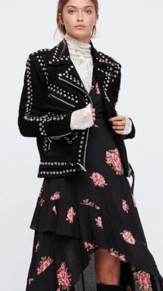 NOORA Woman Silver Studded Black SUEDE Leather Jacket, Steam Punk Biker Leather Jacket, Party Wear Jacket YK042 - Noora International