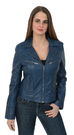 NOORA Women 100% Lambskin Genuine Leather BLUE Jacket Slim Fit Jacket with Zipper & Pockets UN03 - Noora International
