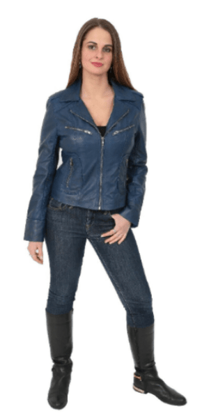 NOORA Women 100% Lambskin Genuine Leather BLUE Jacket Slim Fit Jacket with Zipper & Pockets UN03 - Noora International