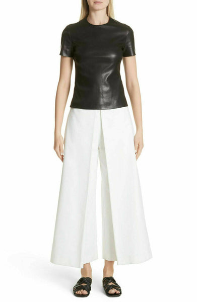 NOORA Women 100%Real Lambskin Stretch able Leather Cropped T-Shirt Slimfit WA561 - Noora International
