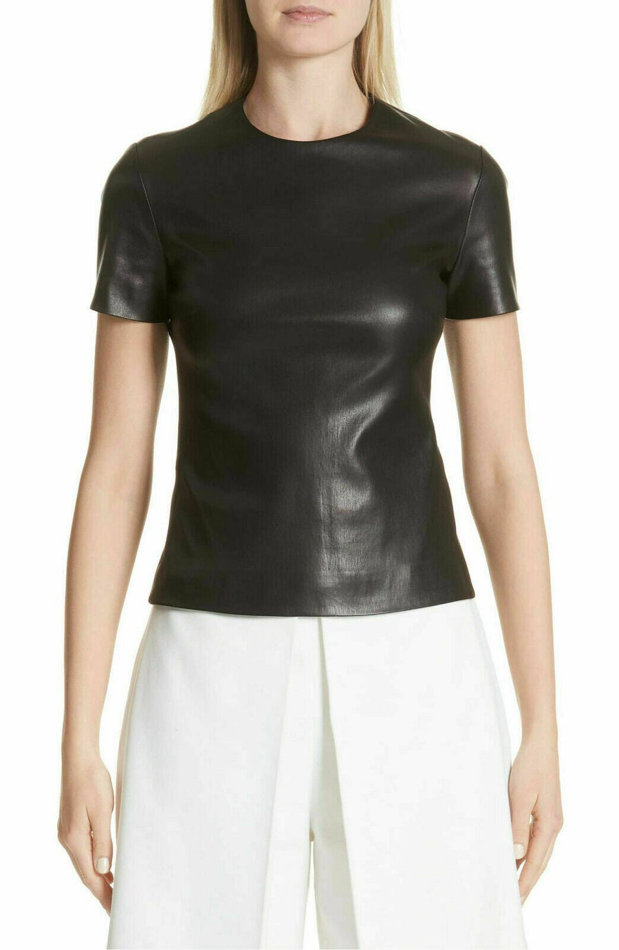 Women Real Lambskin Stretch able Leather Cropped T-Shirt Slimfit – view 2