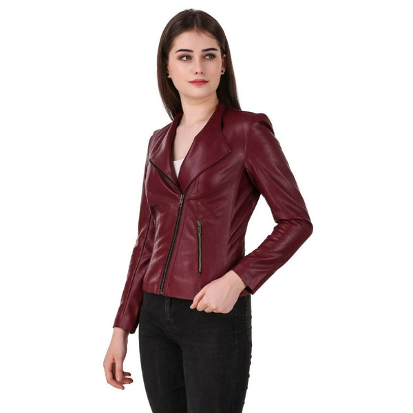 Noora Women Biker Jacket Red Cherry Colour Italian Style Lambskin Leather Jacket - Noora International