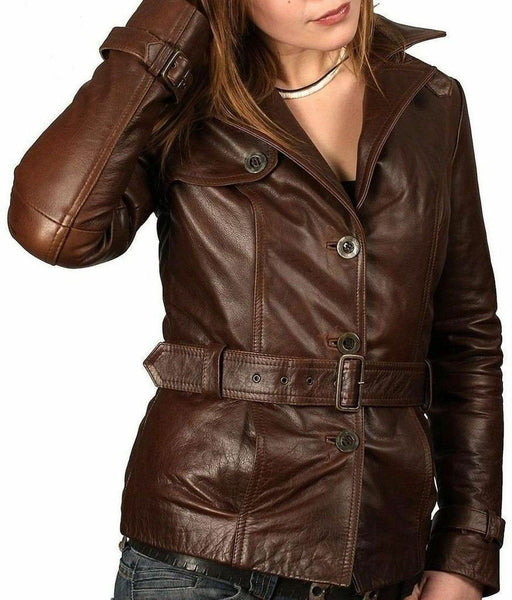 Noora Women Brown Leather Jacket Slim Fit Biker Motorcycle lambskin Leather-NFS BS-102 - Noora International