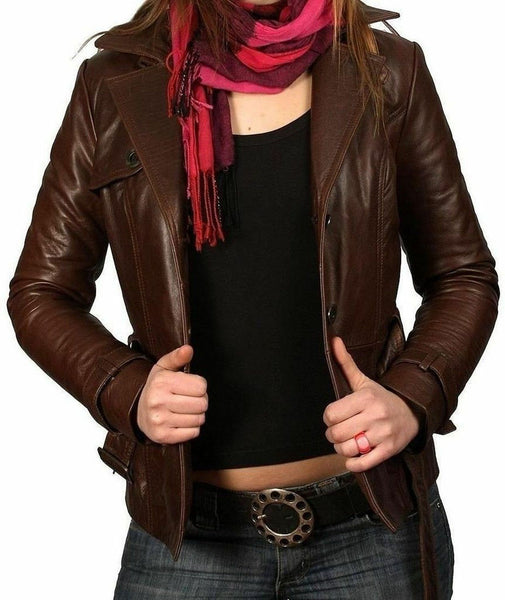 Noora Women Brown Leather Jacket Slim Fit Biker Motorcycle lambskin Leather-NFS BS-102 - Noora International