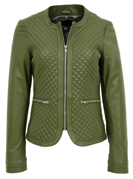 Noora Women Collarless Soft Olive Green Leather Jacket Fitted Quilted slim fit 9 - Noora International