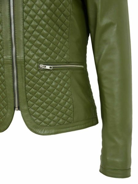 Noora Women Collarless Soft Olive Green Leather Jacket Fitted Quilted slim fit 9 - Noora International