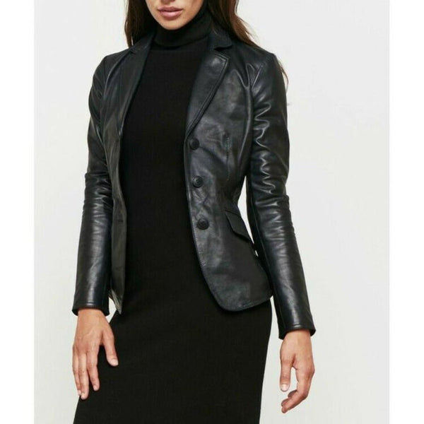 Noora Women Genuine Lambskin Leather BLAZER Jacket For MEETINGS Black Women's Lambskin Leather Blazer Jacket Stylish Three Button ST0225 - Noora International
