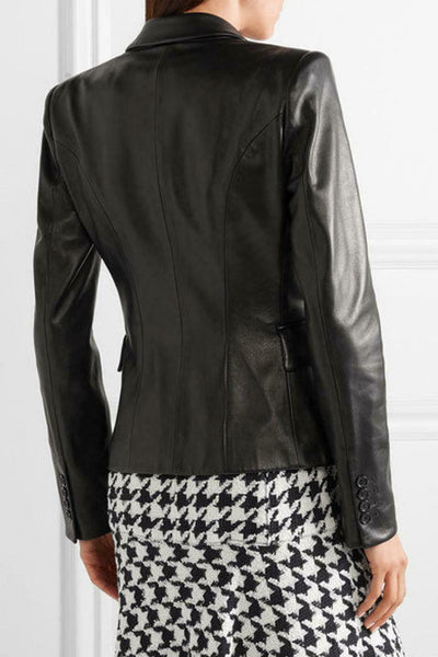 Noora Women German Business Coat Biker Motorcycle Lambskin Black Leather Jacket QD832 - Noora International