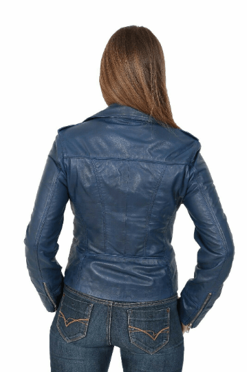 NOORA Women & Girls Lambskin Genuine Leather CROPPED Biker BLUE Jacket, Designer Morden Jakcet YK14 - Noora International
