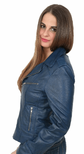 NOORA Women & Girls Lambskin Genuine Leather CROPPED Biker BLUE Jacket, Designer Morden Jakcet YK14 - Noora International