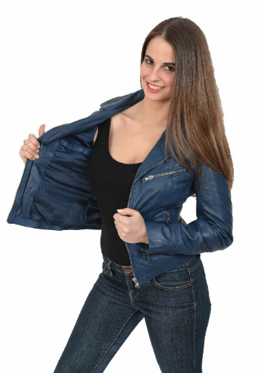 NOORA Women & Girls Lambskin Genuine Leather CROPPED Biker BLUE Jacket, Designer Morden Jakcet YK14 - Noora International