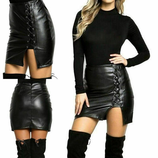 Noora Women High Waist Short Skirt Bodycon Lace Up Black Leather Mini SkirtSK-19 - Noora International
