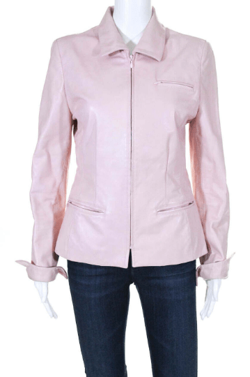 Noora Women Lambskin Leather jacket Motorcycle Baby Pink Leather Jacket, Shirt Style Casual Jacket With Zipper - Noora International