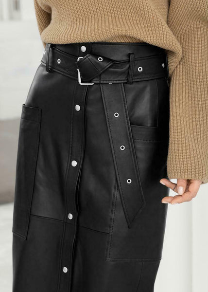 NOORA Women Lambskin Leather long Black Skirt Outfit Leather Skirt Modern QD479 - Noora International