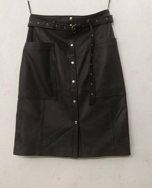NOORA Women Lambskin Leather long Black Skirt Outfit Leather Skirt Modern QD479 - Noora International