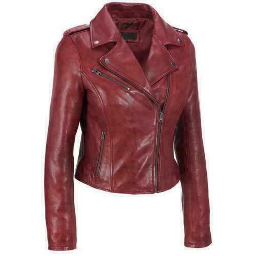 Noora Women Lambskin Red Leather Jacket Motorcycle Modern Jacket QD110 - Noora International