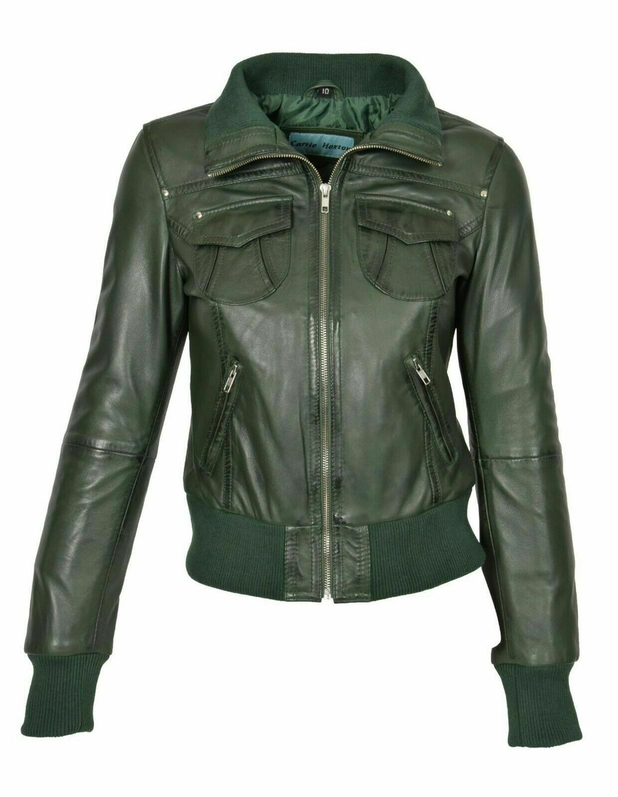 Women Real Leather Bomber Jacket Short Fitted Designer Zip Up