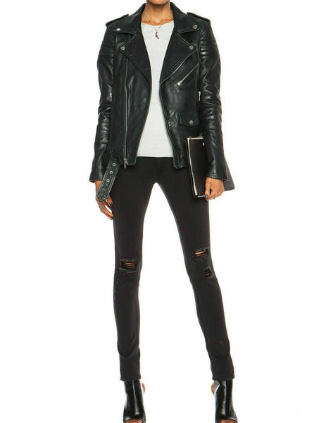 Noora Women Leather Jacket Black Slim Fit Biker Motorcycle lambskin Leather QD86 - Noora International