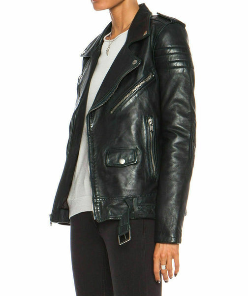 Noora Women Leather Jacket Black Slim Fit Biker Motorcycle lambskin Leather QD86 - Noora International