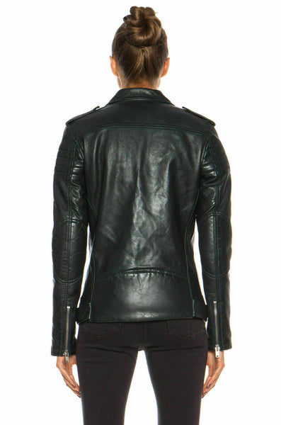 Noora Women Leather Jacket Black Slim Fit Biker Motorcycle lambskin Leather QD86 - Noora International