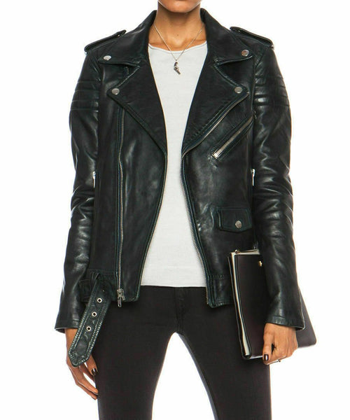 Noora Women Leather Jacket Black Slim Fit Biker Motorcycle lambskin Leather QD86 - Noora International
