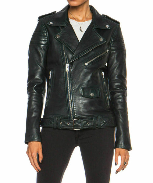 Noora Women Leather Jacket Black Slim Fit Biker Motorcycle lambskin Leather QD86 - Noora International