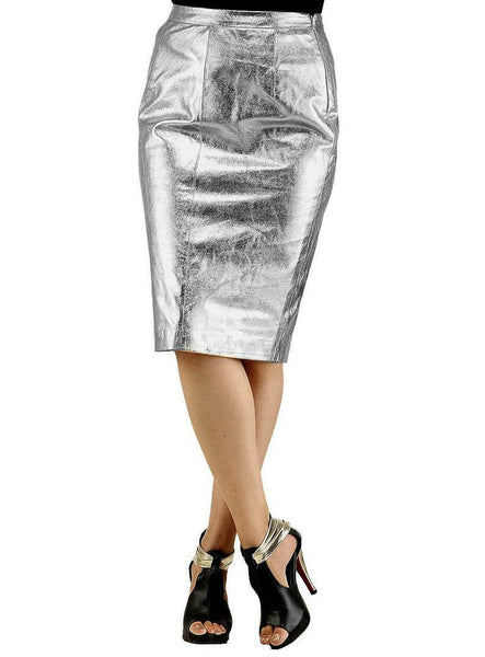 NOORA Women Leather Skirt Genuine Real Lambskin Leather Silver Knee Skirt QD829 - Noora International