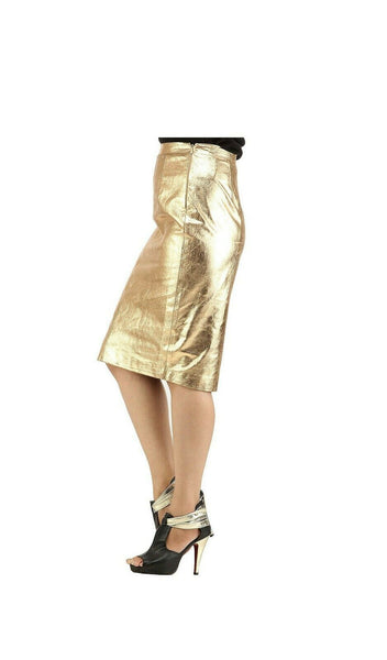 NOORA Women Leather Skirt Genuine Real Lambskin Soft Leather Gold Knee Skirt QD - Noora International