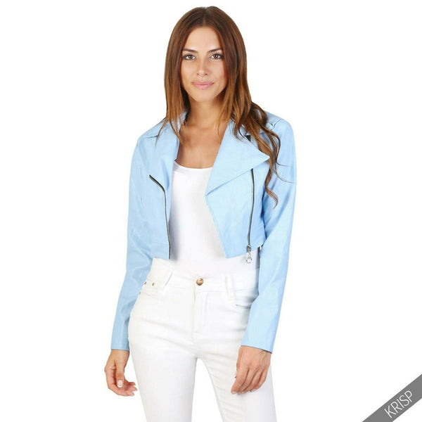 Noora Women Light blue Leather Style Motorcycle Short Bolero Cropped JACKET SP98 - Noora International