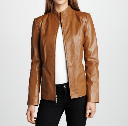 NOORA Women Real Lambskin Tan Leather Biker Jacket With Zipper | Slim Fit Jacket | Full Sleeves | ST076 - Noora International