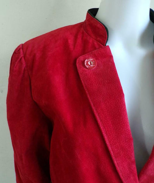 NOORA Women Red suede Jacket With Heart Pockets And Chinese Collar & Puff Sleeve - Noora International