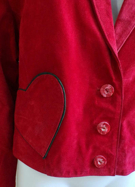 NOORA Women Red suede Jacket With Heart Pockets And Chinese Collar & Puff Sleeve - Noora International