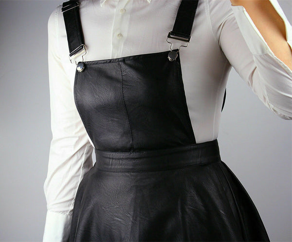 NOORA WOMEN Skirt 100% LAMBSKIN Leather Black Dress Overall Strap Suspenders SP5 - Noora International