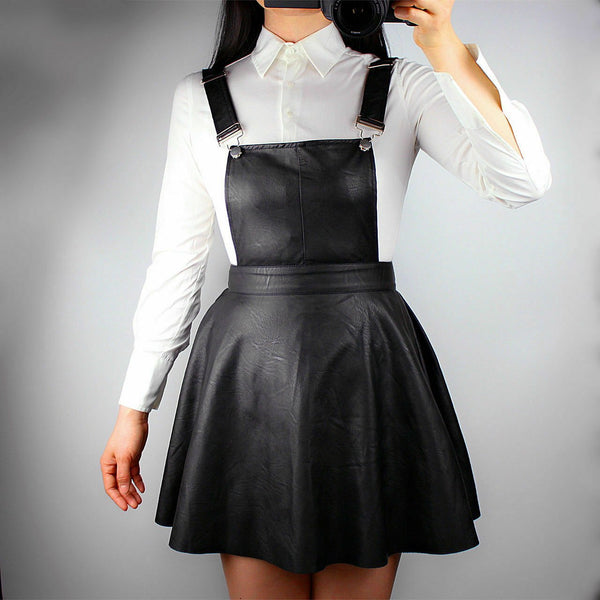 NOORA WOMEN Skirt 100% LAMBSKIN Leather Black Dress Overall Strap Suspenders SP5 - Noora International